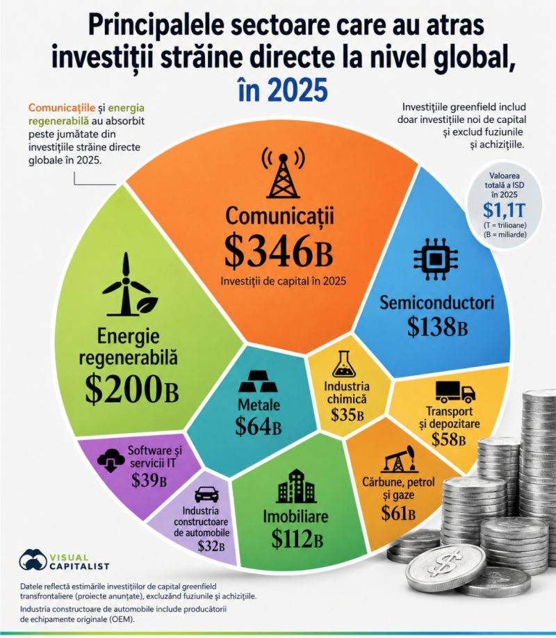 Comunicaţiile şi energia regenerabilă atrag cele mai multe investiţii străine directe de la zero